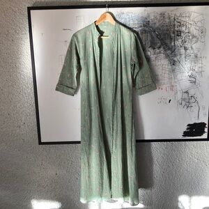 Vintage Asian Print Green Long Open Tunic Shirt Duster Robe